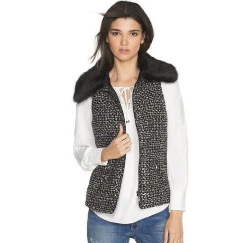 WHBM TWEED FAUX FUR COLLAR VEST Black White